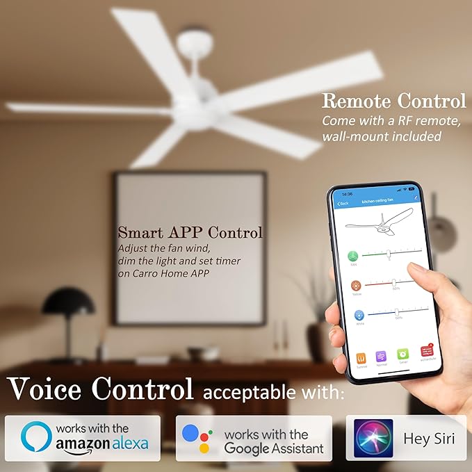 SMAAIR Smart Ceiling Fan with Light, 60inch Indoor and Outdoor ceiling fan with Remote, Compatible with Alexa/Google Assistant/Siri Shortcut, App control with Timer and Schedule(White)