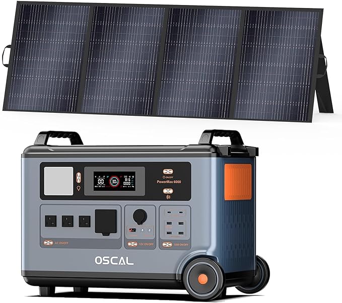 Oscal PowerMax 6000 Portable Power Station with 400W Solar Panel 3600Wh LiFePO4 Batteries, 6000W Output (9000W Peak), 5ms UPS, Solar Generator for Home, RVs, Emergencies, Power Outages
