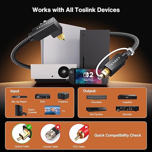 IVANKY Right Angle Optical Audio Cable, 10ft/3M 24K Gold-Plated 90 Degree Toslink Digital Fiber Optic Cable, 90° Angled & Lossless Audio S/PDIF Optical Cable for Soundbar, TV, PS5, Xbox, Home Theater