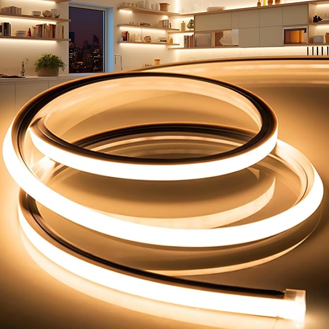 VOEWT LED Strip Lights Warm White 3000K,65.6ft 110-120V Neon Rope Lights,Flexible Silicone Outdoor Waterproof Neon Strip Lights for Bedroom,Mirror,Kitchen Cabinet, Living Room,Halloween Decor