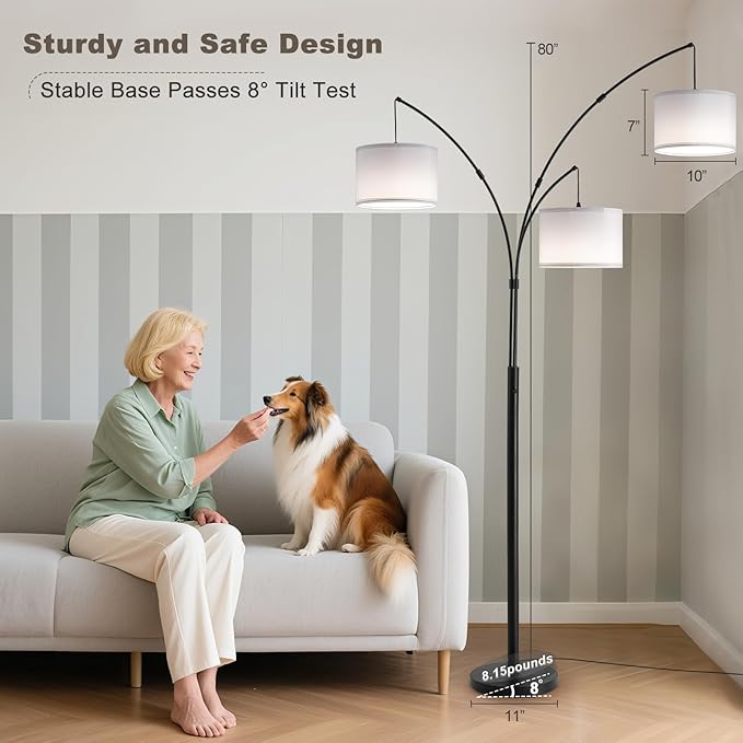 Fansdrick Floor lamp with Remote, 3 Light Arc Floor Lamps for Living Room, 2400LM Tall Standing Floor Lamps with White Shades, 80" Large Floor Lamp for Bedroom, Office