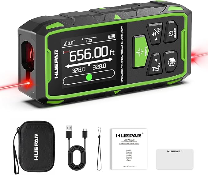 656ft/200M Dual Laser Distance Measuring Tool, Huepar Professional Rechargeable Digital Laser Room Measure Devices, Bilateral Metro Laser Measurement Tool with with Angle Sensor, Magnetic Back