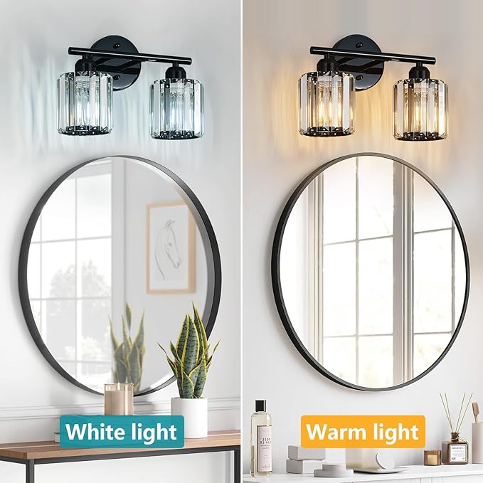 FDPBY Modern 2 Light Crystal Vanity Light, Plating Black Vertical Bathroom Light Fixture Over Mirror for Dressing Table Sink, Compatible with Dimmable Bulbs (Bulbs Not Included)