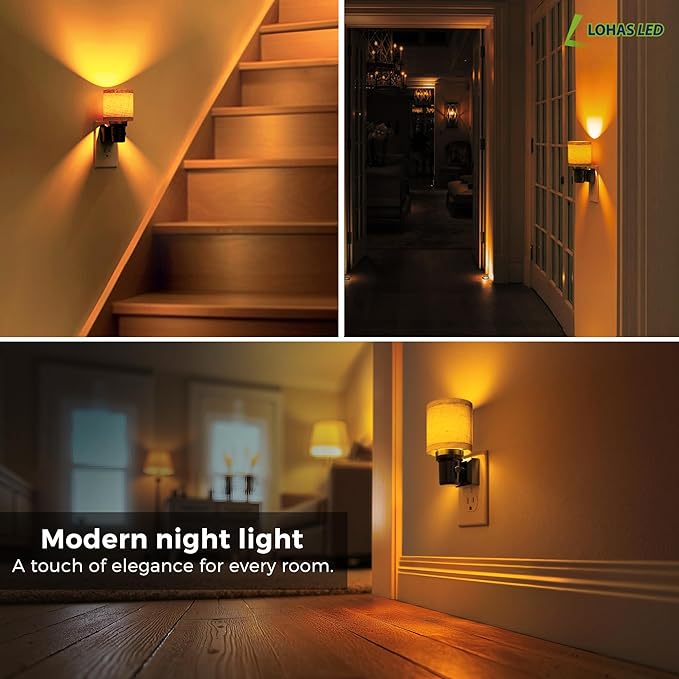 L LOHAS LED Night Lights Plug into Wall, Linen Fabric Cylinder Decor Night Light, Dusk to Dawn Sensor Vintage Nightlight, Amber Warm 0-100LM Dimmable, for Bedroom Living Room Hallway