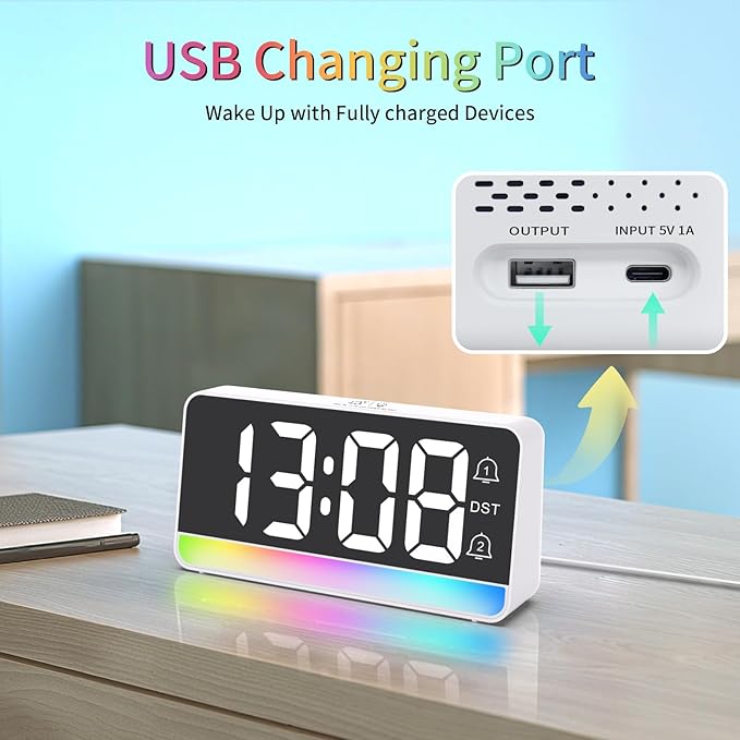 Alarm Clocks for Bedrooms, Digital Bedside Clock with RGB Night Light, Adjustable Volume for Heavy Sleepers, USB Charger, Large Display, Modern Decor for Desk, Dimmable Alarm Clock for Kids(White)