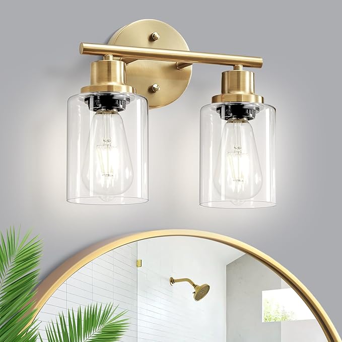 Guliaofo 2-Light E26 Bathroom Light Fixtures, Modern Brushed Gold Vanity Lights for Bathroom with Clear Glass Shade, Mirror Kitchen Hallway Cabinet Living Room Sconces Wall Lights