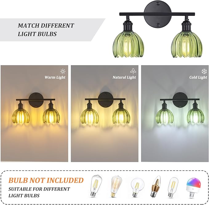 Shenmoyl Bathroom Light Fixtures, 2-Light Black Vanity Wall Light Over Mirror with Green Tulip Glass Shade for Bedroom Living Room (Bulb Not Included)