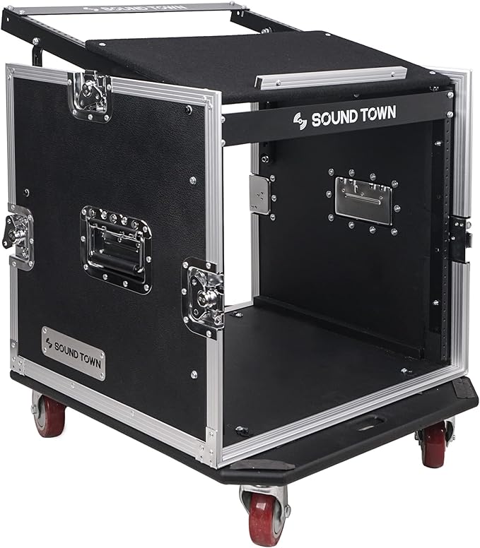 Sound Town Enhanced 1/2" (12mm) Plywood 10U PA DJ Pro Audio Rack/Road ATA Case with 11U Slant Mixer Top, 20’’ Rackable Depth and Casters, 10 Space Size, Pro Tour Grade (STMR-10UW)