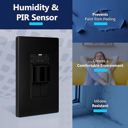 LIDER Humidity Sensor Switch and Motion Sensor Light Switch, PIR Sensor, Humidity Detection, Occupancy/Vacancy, No Neutral Required, ¼ HP, 1-Pole, UL Listed, Black, Wall Plate Included