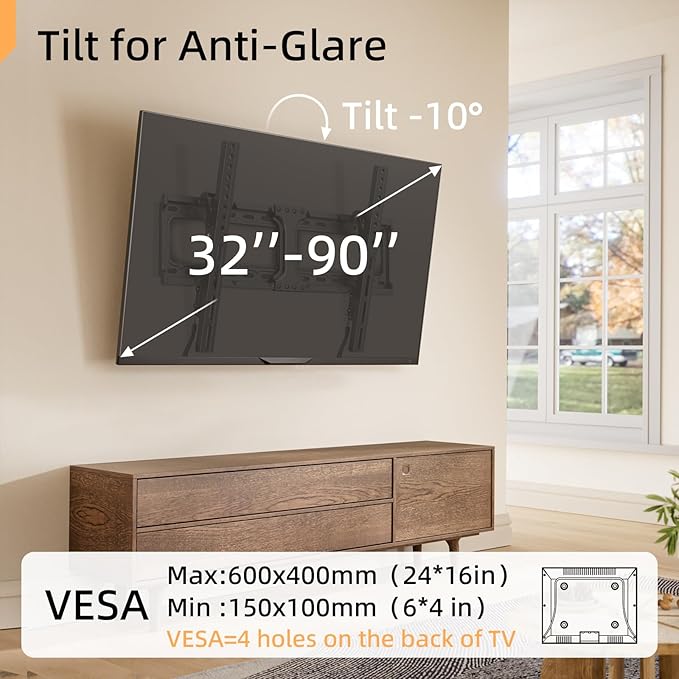 IWORKBOARD 55 65 75 85 inch Tilting TV Wall Mount for 32-90 '' TVs, Low Profile TV Mount Bracket, Safe Lock & Quick Release, Max VESA 600x400mm, 24 inch Studs,132 lbs, Fit Most 55+ 75+ 85+ 86 TVs
