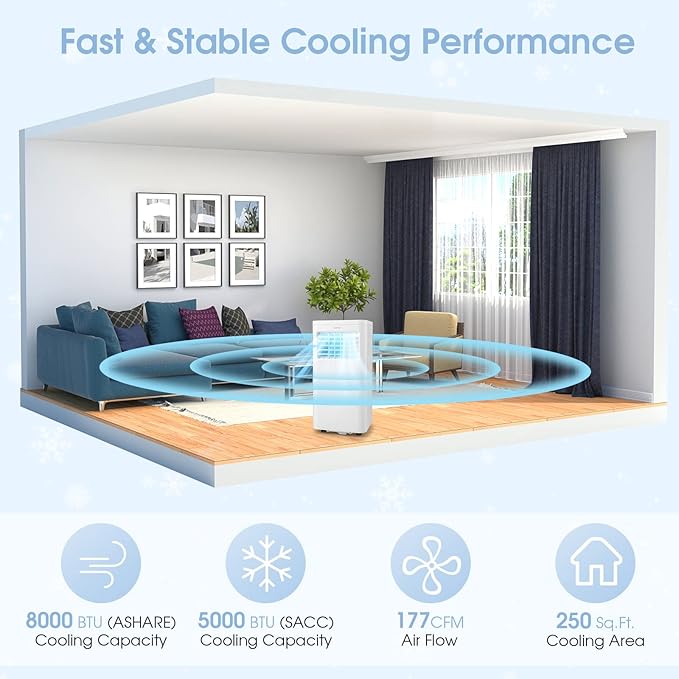 COSTWAY Portable Air Conditioner, 8000 BTU AC Unit with Built-in Dehumidifier, Fan Mode, Sleep Mode, 24H Timer, Remote Control, Window Installation Kit & Remote Control, Cools up to 250 Sq. Ft