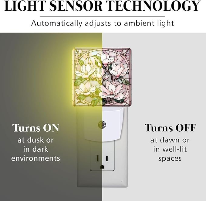 PODMemory Magnolia Stained Glass Night Lights Plug into Wall for Room, Magnolia Night Light LED for Bedroom