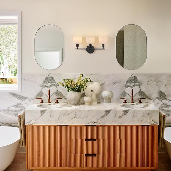 Shenmoyl Bathroom Light Fixtures, 3-Light Black Vanity Wall Light Over Mirror with White Tulip Glass Shade for Bedroom Living Room (Bulb Not Included)