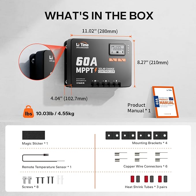 LiTime 60 Amp MPPT 12V/24V/36V/48V/Auto DC Input Solar Charge Controller is Equipped a Built- in Bluetooth Module, with Parameter Adjustable LCD Display LED Indicators Solar Panel