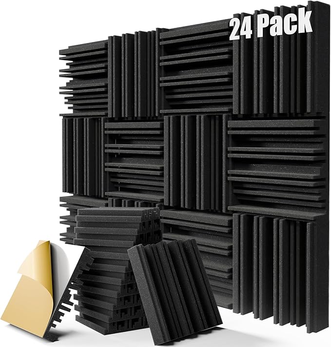 ZELMINE Upgrade 24 pack Self-adhesive Sound Proof Foam Panels,12" X 12" X 2" Acoustic Panels with High Density,Decorative Soundproof Wall Panels Studio Sound Absorbing Foam for Wall and Ceiling(Black）