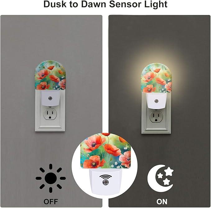 sndheke Watercolor Red Poppies Flower Night Light, Abstract Colorful Floral Dusk to Dawn Night Light Plug in,0.5w Energy Saving Sleep Friendly NightLight for Kids Boys Girls Home Decor