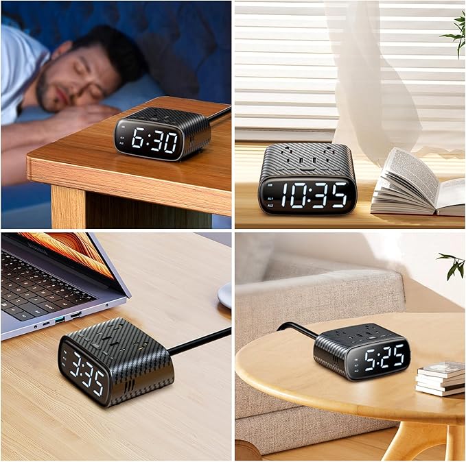 Sussex Alarm Clock with 2 USB-C, 2 USB-A Chargers Power Strip 2 Outlets - Screen LED Dimmable Digital Clock with Snooze Function - Dual Alarm for Bedside Nightstand