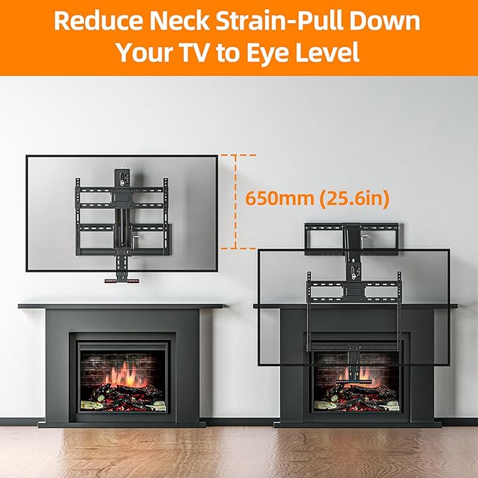 Pull Down TV Mount for Fireplace, Height Adjustable for Most 43-80 Inch TVs, Max VESA 600x400mm up to 80lbs, Full Motion Articulating Above Mantle Installation