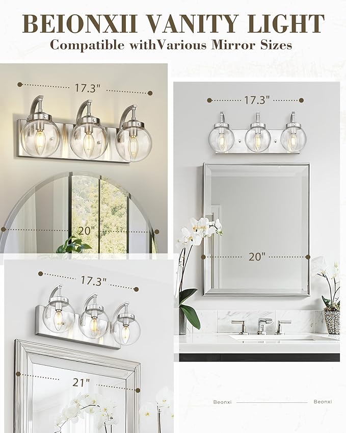 Beionxii Brushed Nickel Bathroom Light Fixtures, 3-Light Bathroom Vanity Light Over Mirror, Modern Vanity Lighting Fixtures with Clear Glass Shade for LivingRoom Hallway, BX-VL03BN-3CG