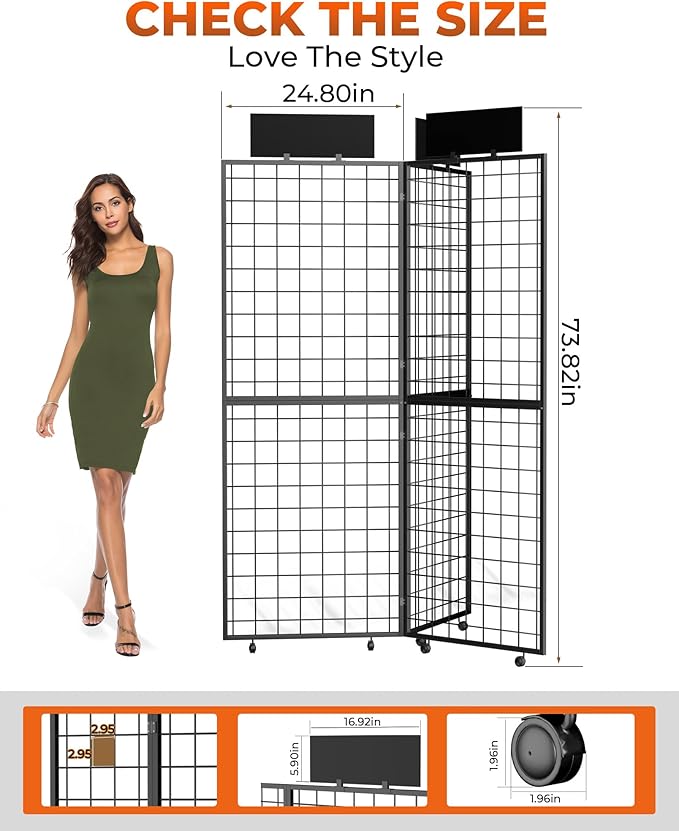 DEMEGA 360° Foldable Grid Wall Panel, Three 6' x 4.25' Ft Double Side Gridwall Display Stand with Notice board, Heavy Duty Sturdy Floorstanding Wire Grid Rack, Movable Wheel for Retail Art Craft Fairs