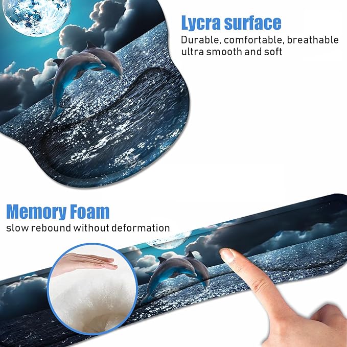 Keyboard Wrist Rest + Mouse Pad Wrist Support Set with Coasters, Non-Slip PU Base Ergonomic Mousepad for Home Office Working Studying Easy Typing & Pain Relief, Dolphin