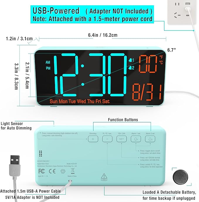 KOSUMOSU Alarm Clock for Bedroom, 6.7in Small Digital Clock, Auto Dimming, Room Temperature, Day of The Week, Date, Alarm Clocks for Living Room, Desk Clocks
