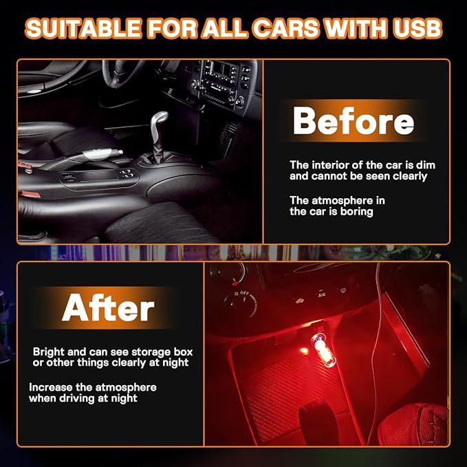 2PCS USB Car LED Interior Lights, Mini Ambient Lighting Accessories, Touch Control Decorative Night Lamps for Vehicle, Bedroom, Camping, Holiday Decor(Red)