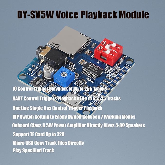 Diann 4pcs MP3 Voice Playback Module DY-SV5W Player Music Voice Board IO Trigger UART Serial Adapter Control Playback Module Sound Board Amplifier Board Support 32G Card