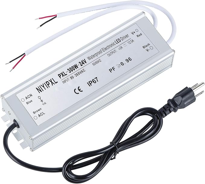 LED Driver 300 Watts(150W X2) 24V DC Transformer， Waterproof IP67 Power Supply, 24V DC Low Voltage Output Adapter with 3-Prong Plug 3.3 Feet Cable for LED Light, Computer Project, Outdoor Light