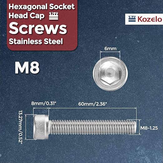 Kozelo 10pcs Socket Head Cap Screws - [M8-1.25 x 60mm] 304 Stainless Steel Allen Socket Drive for Electrical Motor 3D Printing Fan Engine Replacement Use, Silver