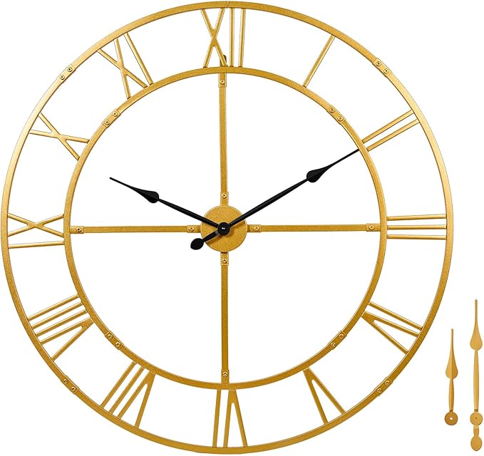 Ohweog Large Wall Clock for Living Room Decor – 48 inch Silent Non-Ticking Modern Farmhouse Wall Clock, Oversized Decorative Metal Roman Numeral Clock, Gold