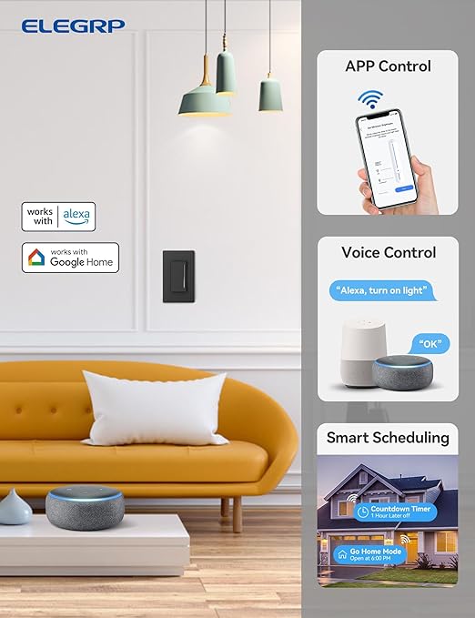 ELEGRP Smart Dimmer Light Switch DTR10, Single Pole Setup, 2.4GHz Wi-Fi Touch Dimmer Compatible with Alexa and Google Assistant, Needs Neutral Wire, No Hub Required, UL&FCC Listed, Black, 2 Pack