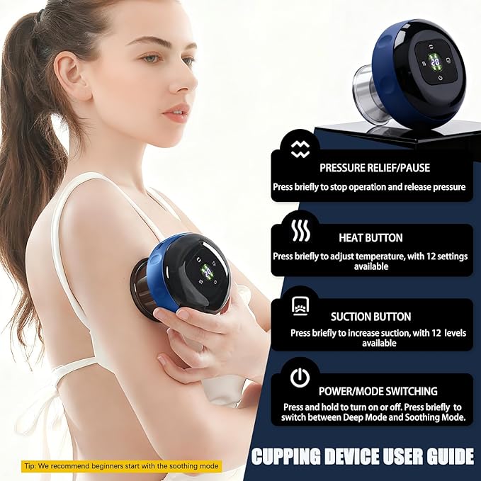 Red Light Cupping Therapy, 5 In 1 Smart Electric Cupping Device Kit for Massage Therapy, 12 Suction & Temperature Levels Massager, Infrared Therapeutic Heat for Back, Shoulder, Muscle Relief (Blue)