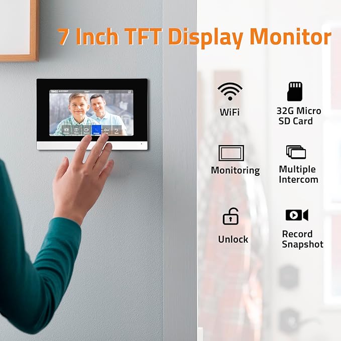 Wireless IP Video Doorbell Intercom System, WiFi 7 Inch Monitor with Metal HD Door Camera (Wired Power), Video Intercom with 32G Card Record, APP Remote 2-Way Audio, Unlock for Home Security System