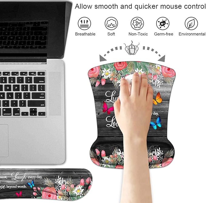 Keyboard Wrist Rest and Mouse Pad Wrist Support Set with Coasters, Non-Slip PU Base Ergonomic Gaming Mousepad for Home Office Working Studying Easy Typing & Pain Relief, Floral Quote Live Laugh Love