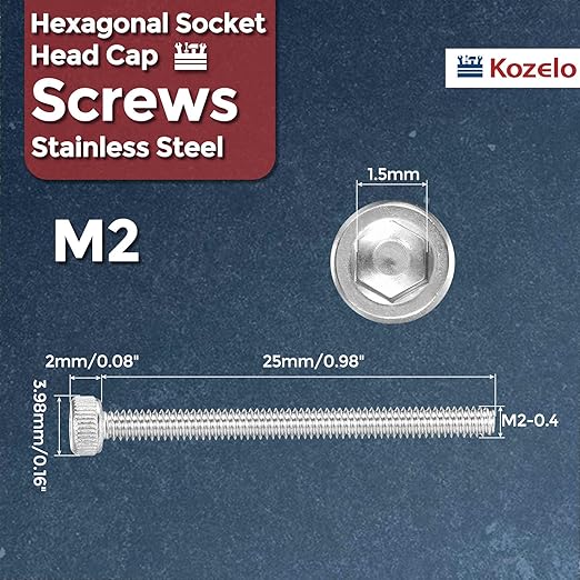 Kozelo 40pcs Socket Head Cap Screws - [M2-0.4 x 25mm] 304 Stainless Steel Allen Socket Drive for Electrical Motor 3D Printing Fan Engine Replacement Use, Silver