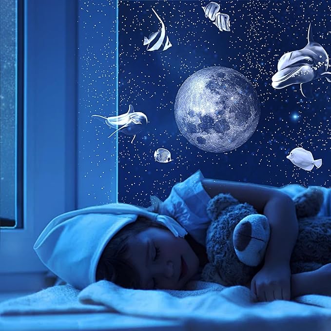 USB Power Moon Projector Night Light with Dolphins and Whales Flying Around,Angle Bendable and Image Clearness Adjustable Moon Atmosphere Projector, Christmas Birthday Gift