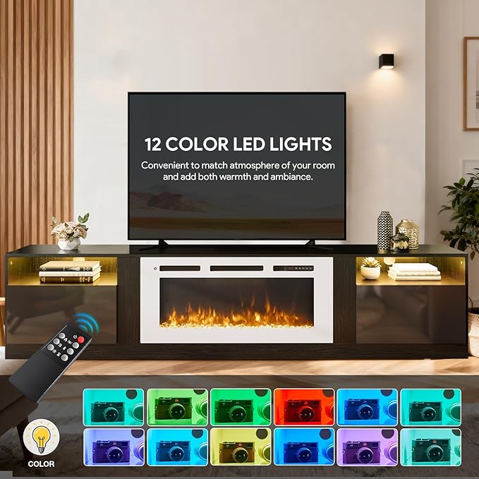 YISUFO 80” TV Stand with 36” Electric Fireplace, Large Modern Media Entertainment Center with Storage Cabinet and 12 Colors LED Lights for TVs Up to 90",Black & White