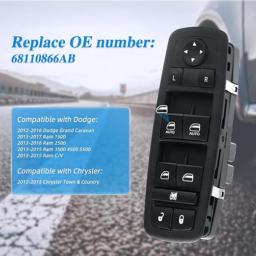 WUANGKI Power Window Switch Front Driver Side | 9+3 Pins | Compatible with 2012-2016 Dodge Grand Caravan 2013-2015 Ram Truck 2013-2015 Ram C/V 2012-2015 Chrysler Town & Country | OE 68110866AB