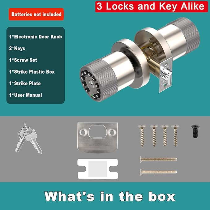BOTHSTAR Keypad Door Knob with Key,Keyless Entry Door Lock, Code Locks Door Knob, Auto Lock,50 User Code,Easy to Install,for Home,Office,Hotel,Bedroom,Garage,No Deadbolt(3 Pack Nickel Key Alike)