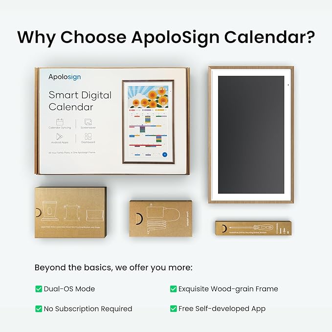 ApoloSign 15.6-inch Digital Calendar: Dual Mode Calendars with Google Play & Multi-calendar Sync, Electronic Planner & Chore Chart, Smart Touchscreen, Interactive Display for Family Schedules (Teak, 15.6")