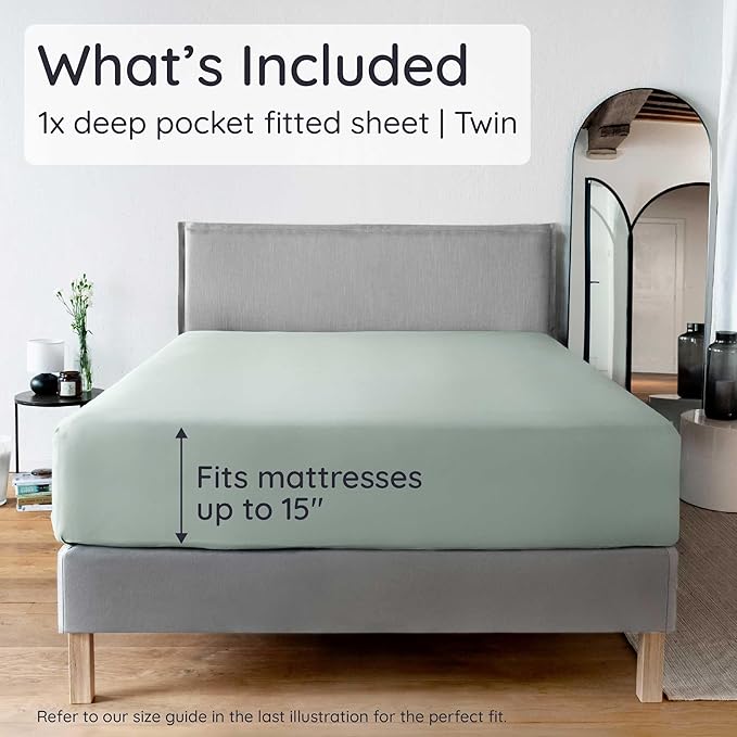 Bambaw 100% Viscose Derived from Bamboo Fitted Sheet Twin Size, 15’’ Deep Pocket Twin Fitted Sheet Only with Corner Straps, Cooling & Soft (Sea Glass)