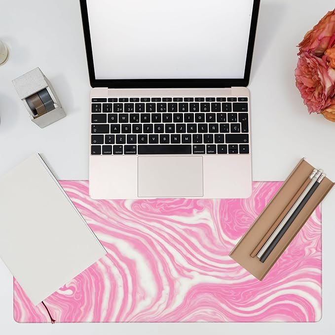 Eflxamz Desk Pad,Pink Marble Swirls Texture Desk Mat,Flow Liquid Waves Large Gaming Mouse Pad for Desk,Extended Big Computer Keyboard Mouse Pad with Non-Slip Base and Stitched Edge,35.4"x15.7"