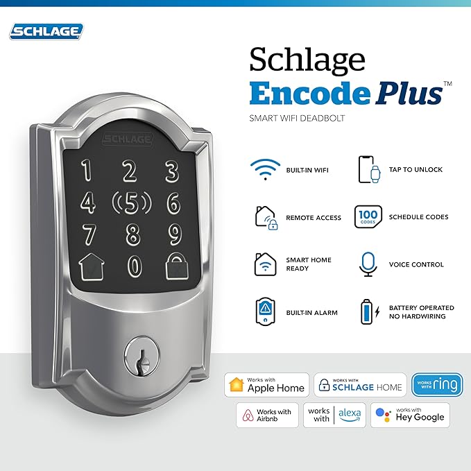 Schlage BE499WB CAM 625 Encode Plus WiFi Deadbolt Smart Lock, Keyless Entry Touchscreen Door Lock with Camelot Trim, Bright Chrome