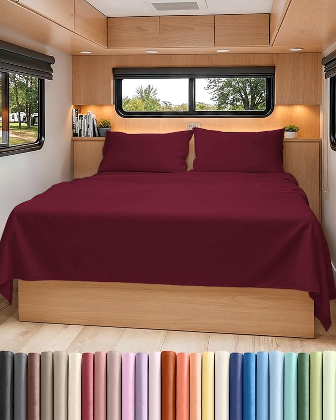 RV Short Queen Sheet Set 60 X 75 - 4 Piece RV Short Queen Bed Sheets - Soft, Breathable & Cooling - Designed for Bunks, Trailers & Campers - Fits 8” to 12" Mattress - Hotel Luxury Bedding - Burgundy