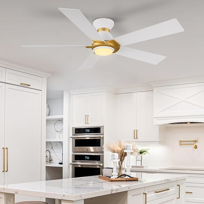 SMAAIR 52 Inch Smart Ceiling Fan with Light and Remote, Flush Mount Modern Ceiling Fan with lights,Compatible with Alexa/Google Assistant/Siri,Timer and Schedule,10 Speed DC Motor,White/Gold