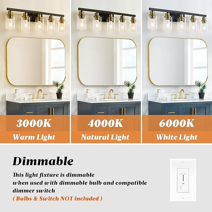 DIKAIDA 5-Light Black and Gold Bathroom Vanity Light, 30" Modern Vanity Lighting Fixture, Bathroom Light Fixtures, Wall Sconces with Clear Glass Shade, Black Bathroom Wall Light Over Mirror