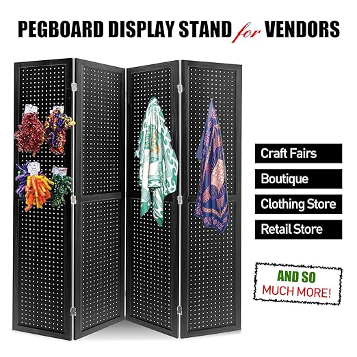 Babion 4 Panel Pegboard Display, Peg Board Room Divider Freestanding Folding Privacy Screens Display Stand for Craft Shows (Black)