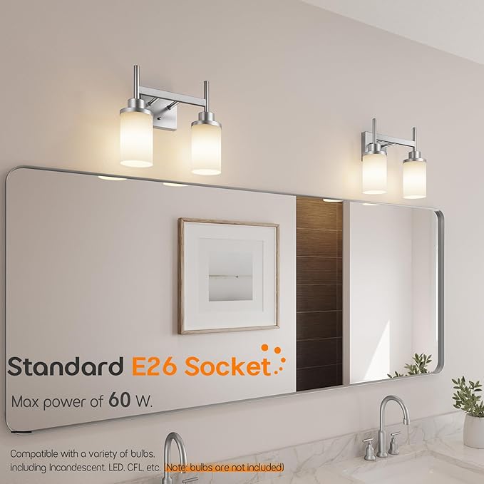 AONEON Bathroom Light Fixtures Brushed Nickel Vanity Lights with White Frosted Glass Shade, Double Wall Lamps for Mirror Kitchen Living Room Porch T001BR-L2
