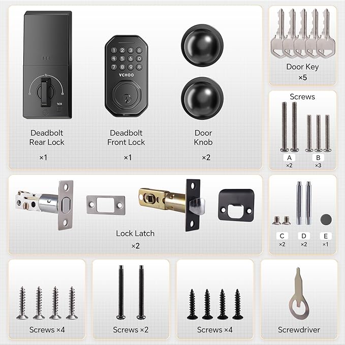VCHOO Keyless Entry Door Lock Set WiFi Smart App Control Door Lock for Front Door Keypad Deadbolt with 2 Knobs Auto Lock One Time Codes Easy Install, Black